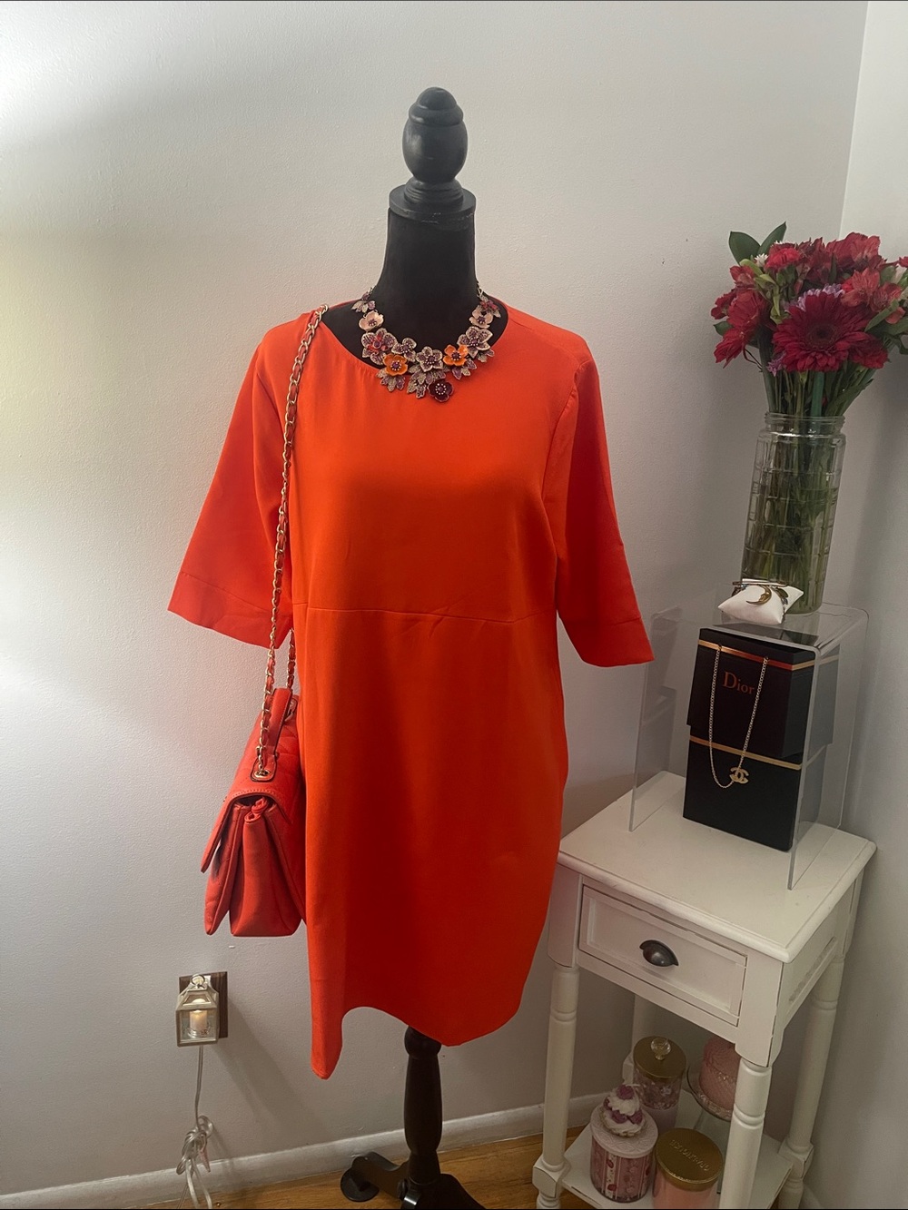 Orange Shift Dress with Short Sleeves